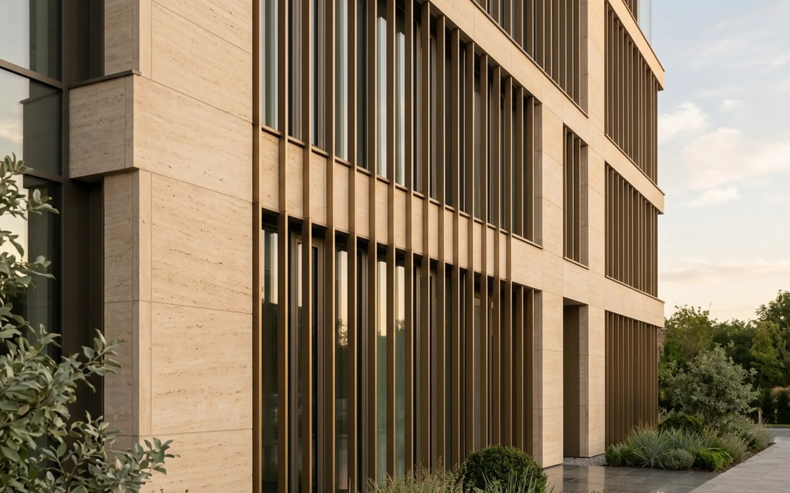 stone and bronze building facade
